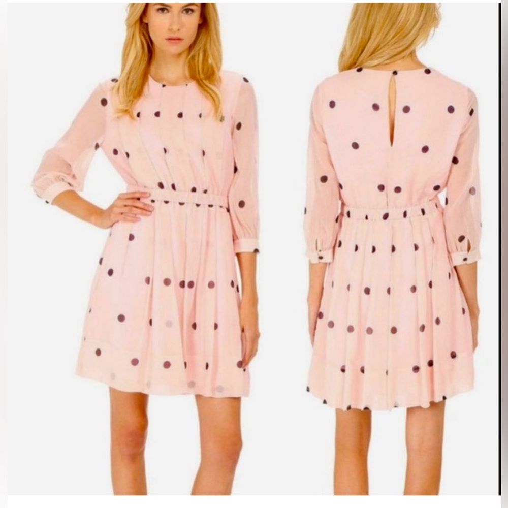 Kate Spade Tiny Spotlight Pleated Silk Mini Dress Light Pink, Black Dot Size 8